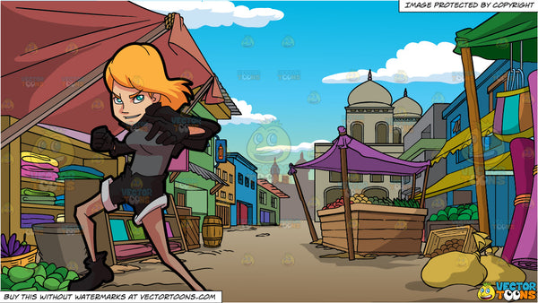 A Woman Dressed In A Street Fighter Outfit And An Indian Street Market Clipart Cartoons By Vectortoons