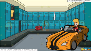 A Woman Driving A Cool Sports Car And A Locker Room At A Gym Background