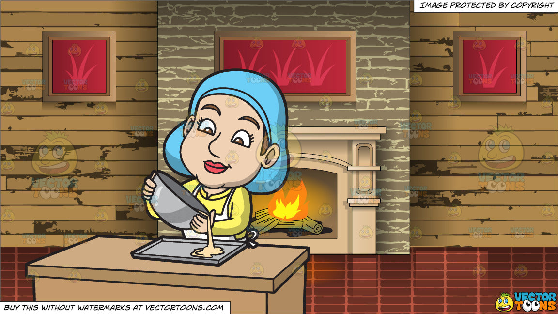 A Woman Pouring Cake Batter Onto A Baking Sheet and A Wood Burning Fir – Clipart Cartoons By VectorToons
