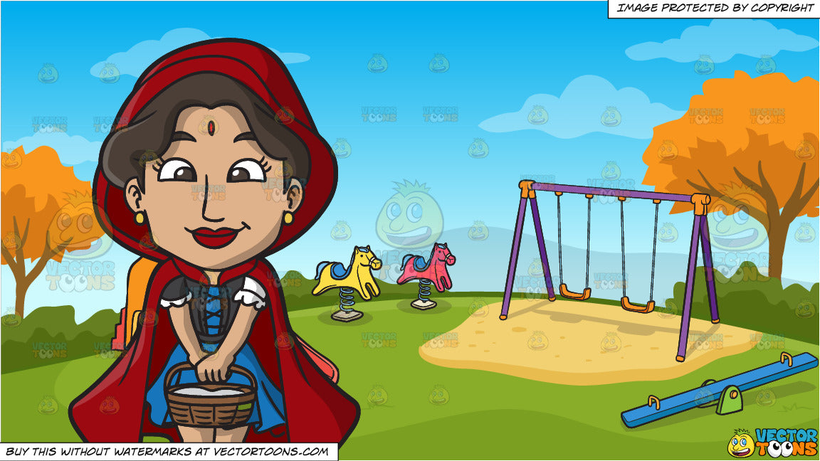 Cartoon A Woman Wearing A Little Red Riding Hood Costume And Kids Playground On An Autumn Day Background Clipart Images