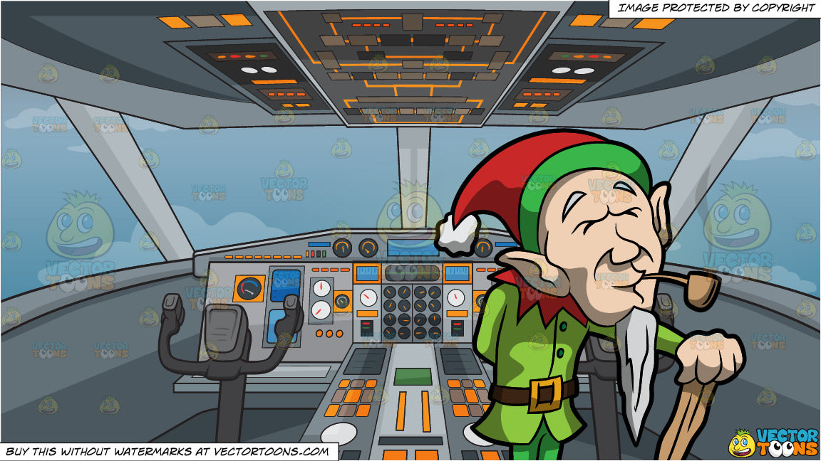 An Old Elf Enjoying A Smoke And Airplane Cockpit Background – Clipart