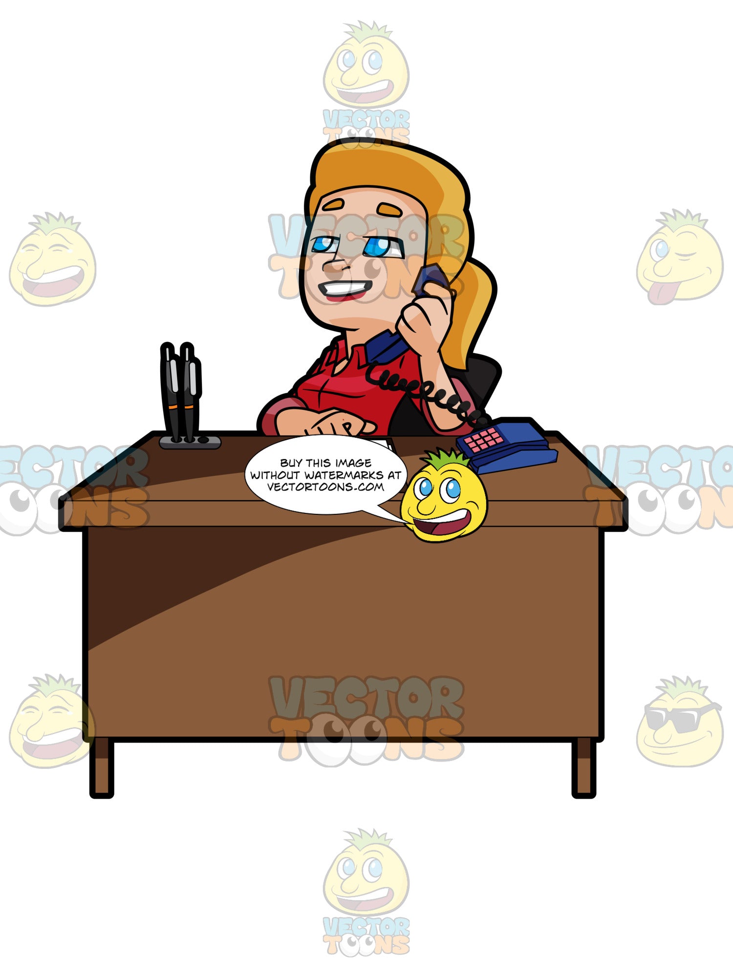 Blonde Woman Sitting At A Desk Talking On The Phone Clipart