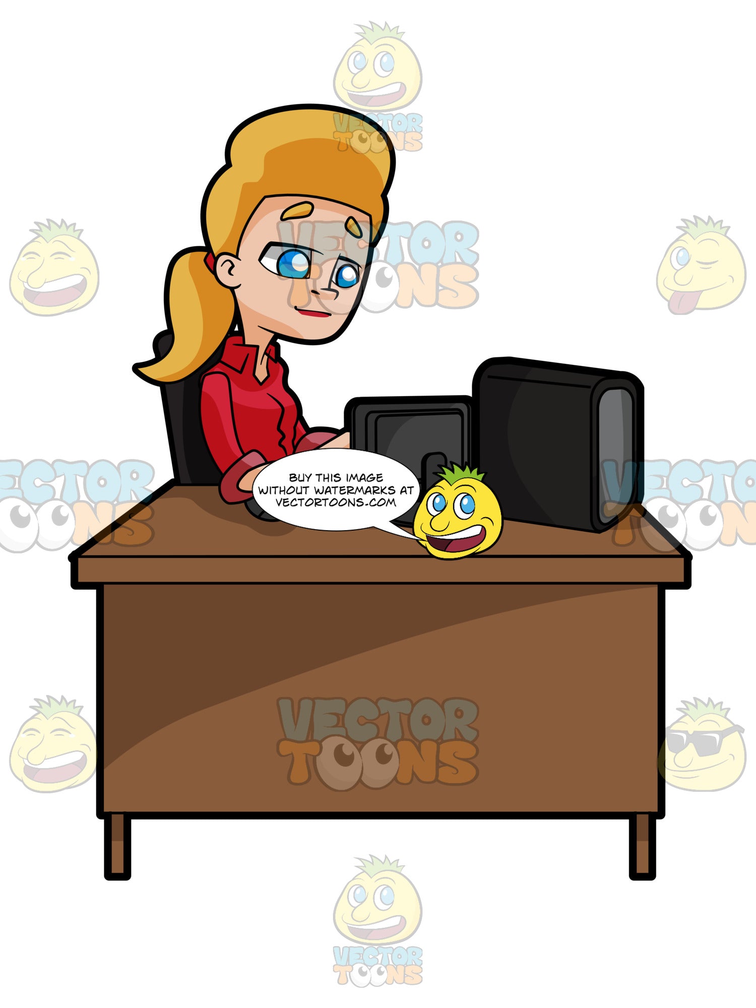 Blonde Woman Sitting At A Desk Working On A Computer Clipart