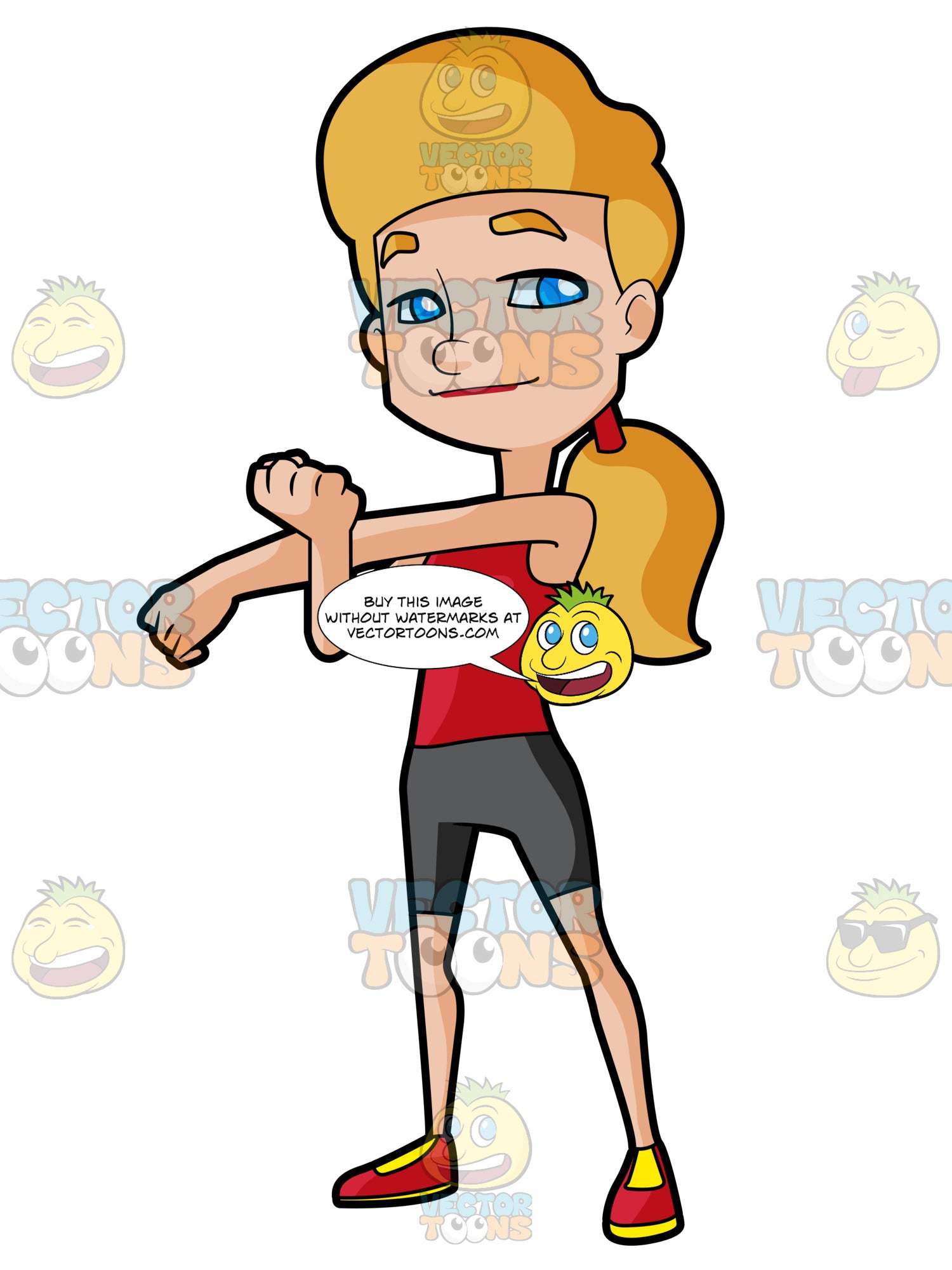 Blonde Woman Stretching Her Left Arm Across Her Body – Clipart Cartoons