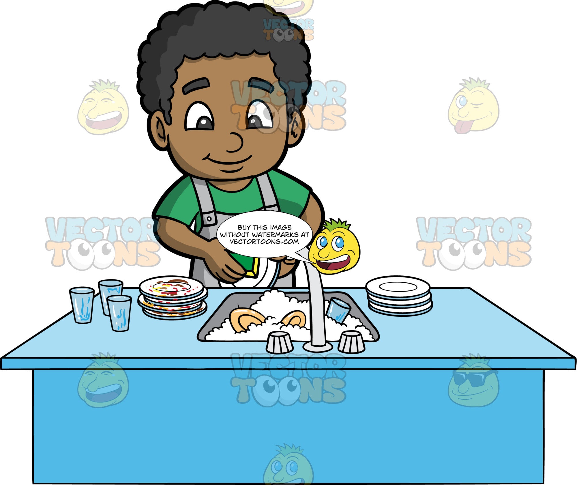 A Happy Black Boy Washing The Dishes After A Meal – Clipart Cartoons By
