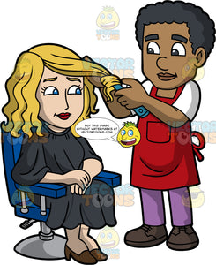 A Black Male Hairdresser Curling His Clients Hair Clipart