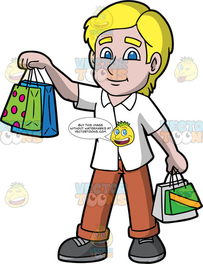 A Blonde Man Holding Up Some Shopping Bags. A man with blonde hair and blue eyes, wearing brown pants, a white shirt, and dark gray shoes, holding up two shopping bags in one hand, and two more shopping bags in his other hand that is down by his side