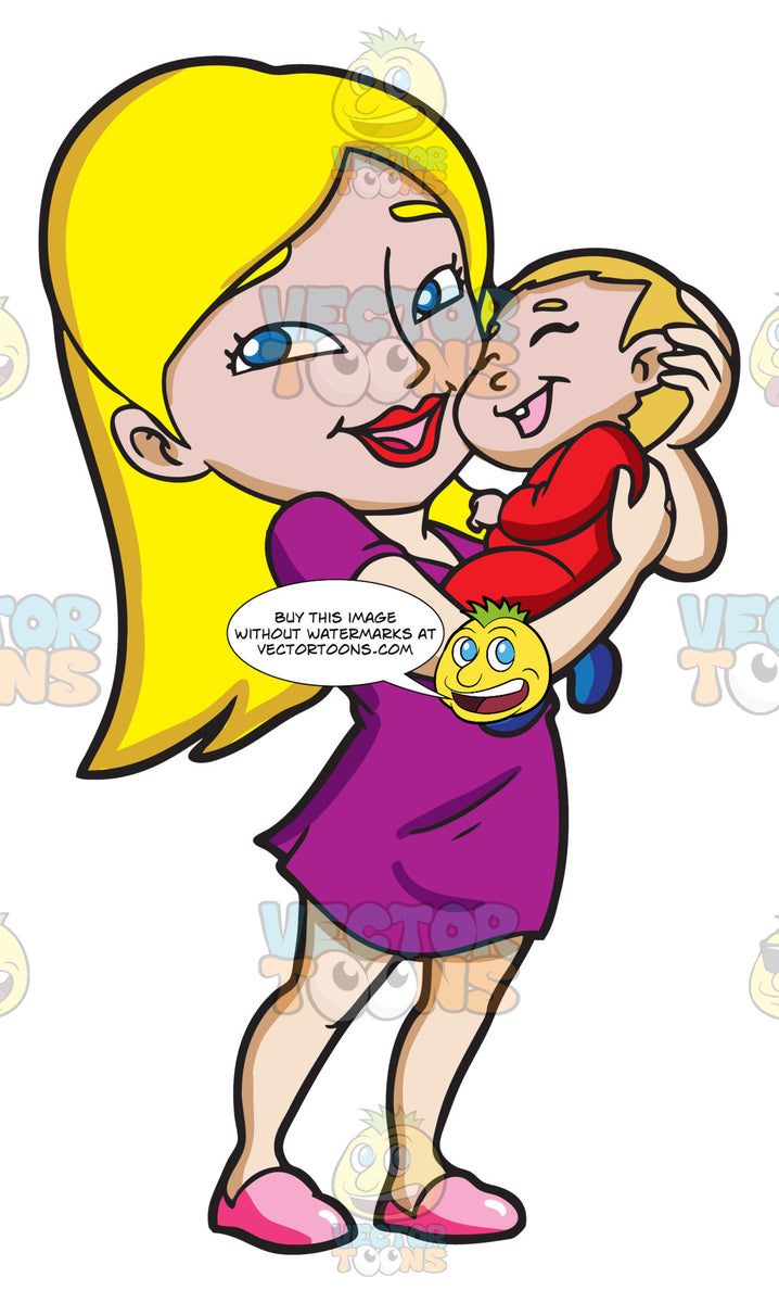 A Young Mom Smiles While Carrying Her Happy Child – Clipart Cartoons By