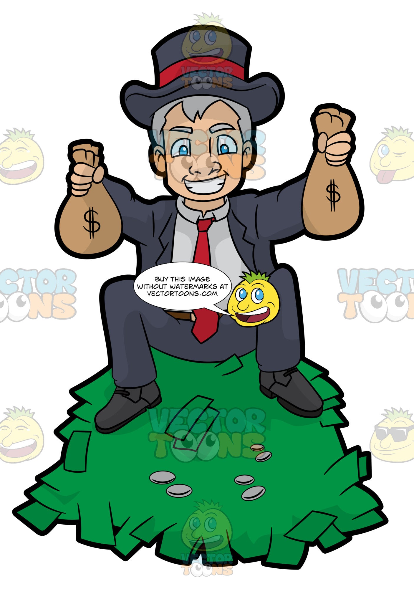 A Man Sitting On Top A Pile Of Cash And Holding Money Bags In His - a man sitting on top a pile of cash and holding money bags in his hand clipart cartoons by vectortoons