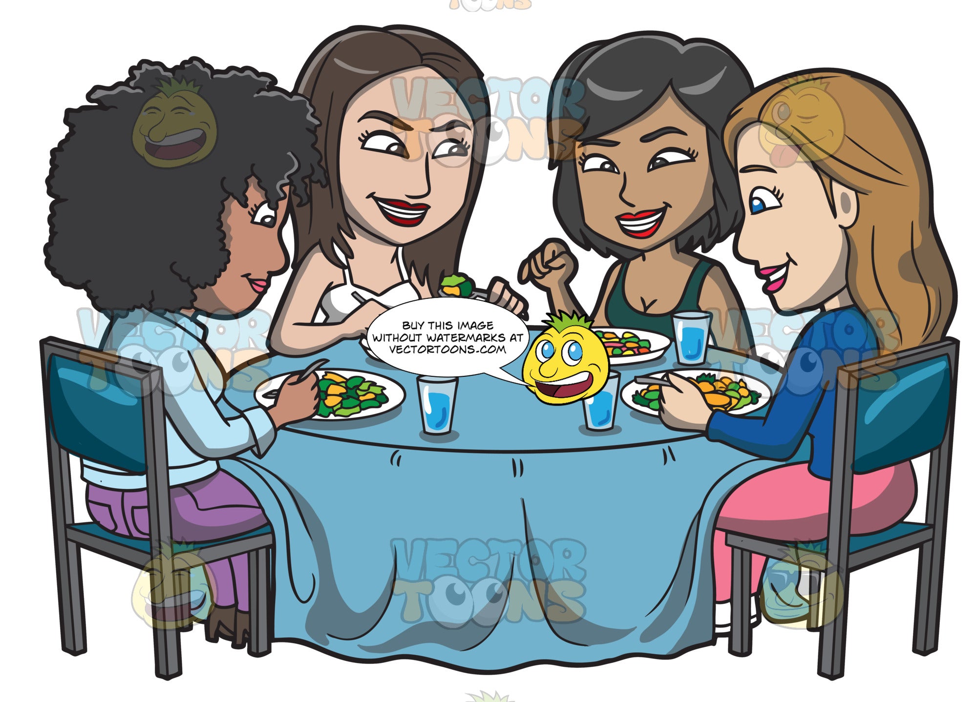 A Group Of Girls Gossiping Around A Healthy Meal Clipart Cartoons By Vectortoons