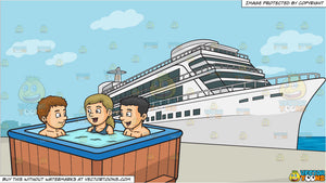 Two Guys And A Girl Chatting While Dipping In The Hot Tub And A Luxury Cruise Ship Liner Background