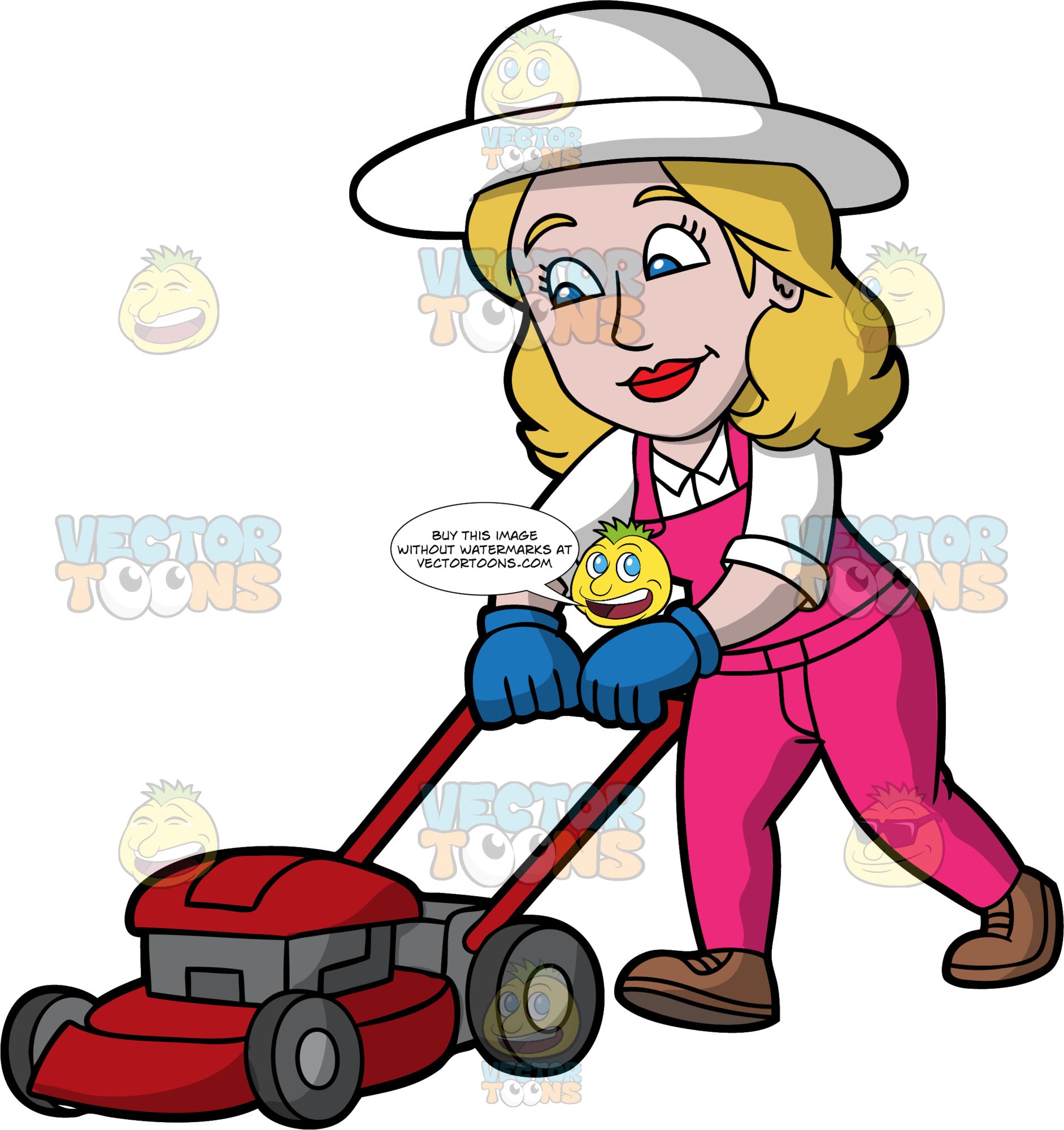 A Woman Pushing A Lawnmower To Cut The Grass Clipart Cartoons By