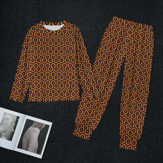 Printify Pajama Game in Room 237 Print Satin 2 Piece Button Up PJ Set | Pinup Couture Relaxed 3XL/4XL / Orange