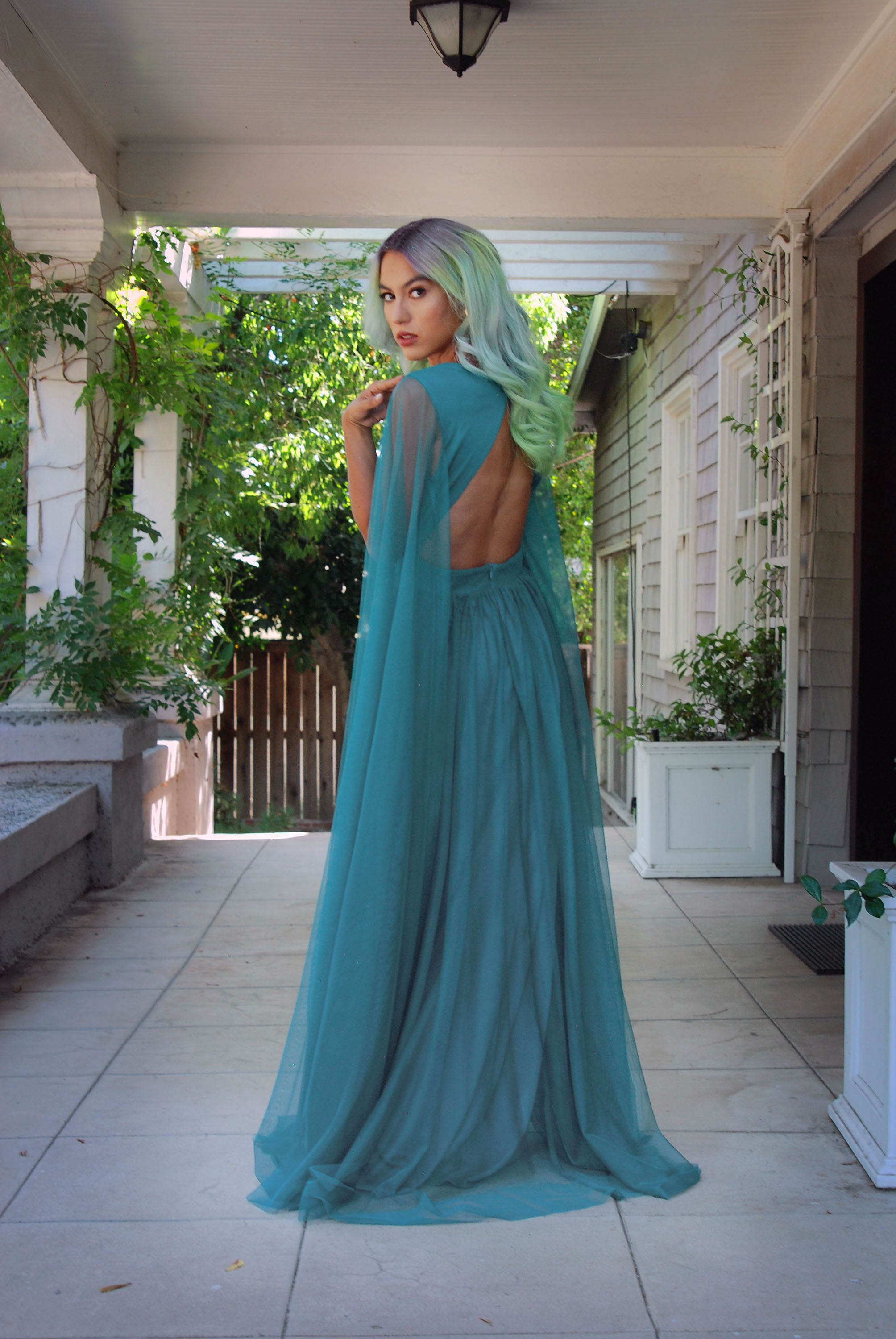 blue plunge maxi dress