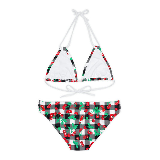 90s Vintage Inspired Blue Gingham Cherry Print Strappy Bikini Set