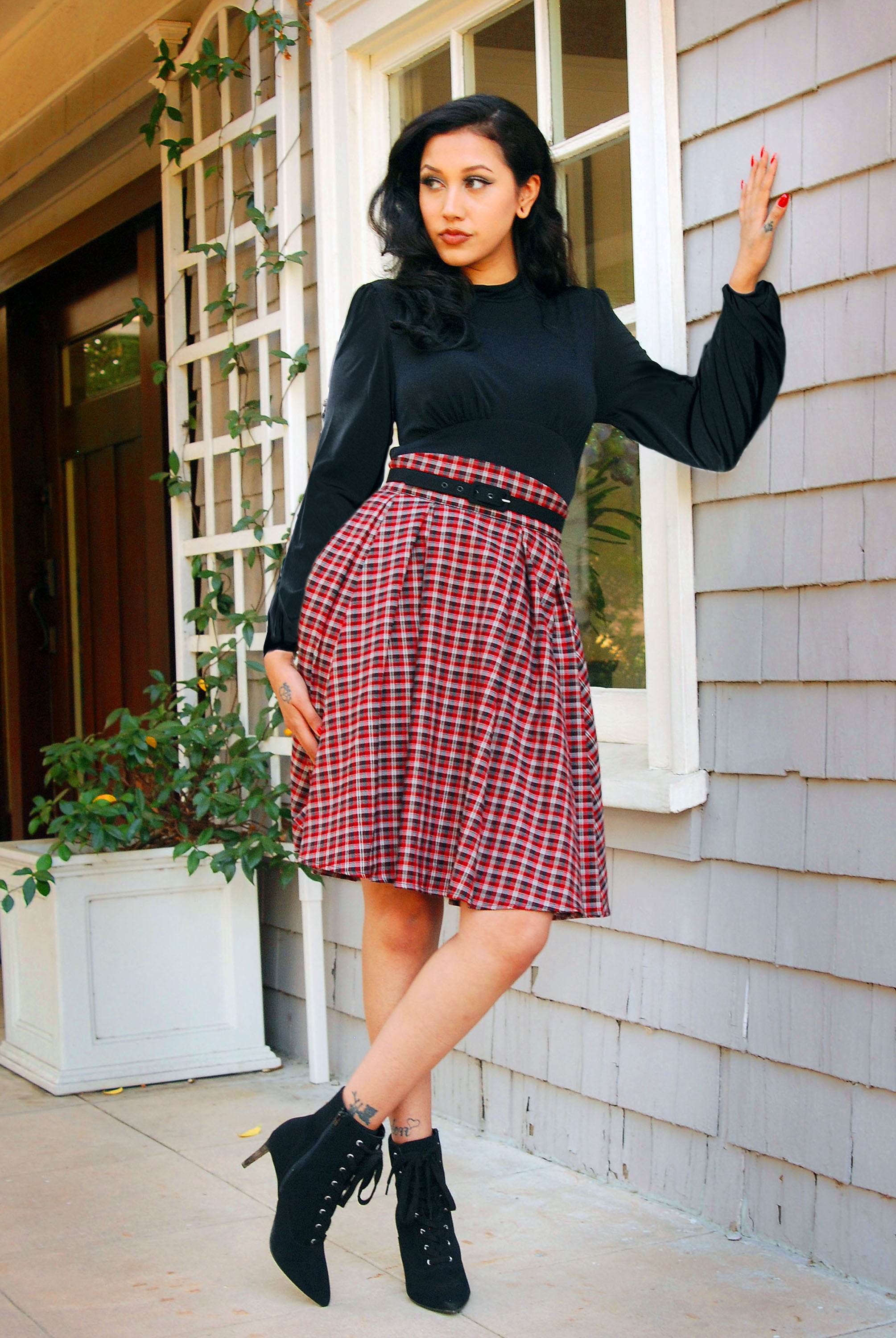 red and black skirt