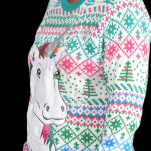 Blizzard Bay Ugly Christmas Sweater Unicorn Embroidered Fair Isle Size Small