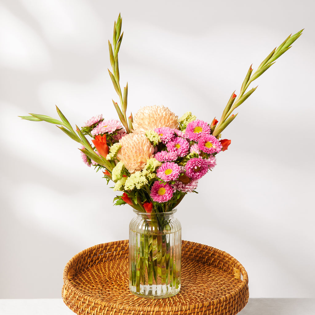 bouquet of gladiolus, chrysanthemum, aster, statice