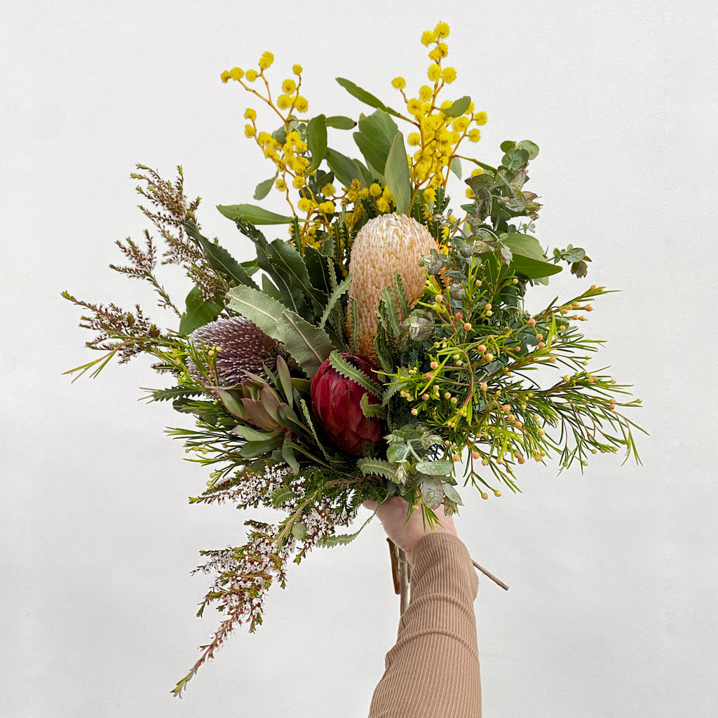 seasonal native flower bunch with wattle, banksia and protea