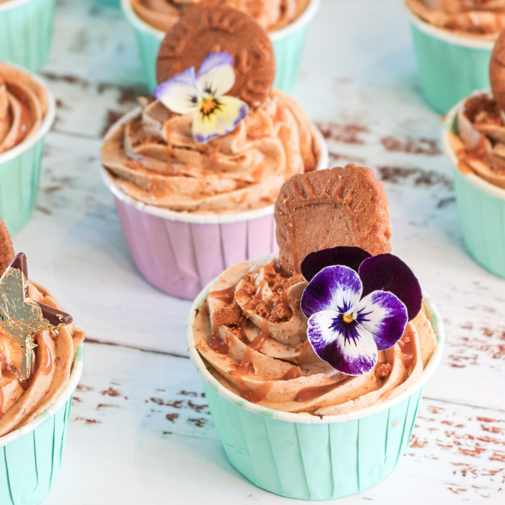 edible pansies and violas on cupcakes