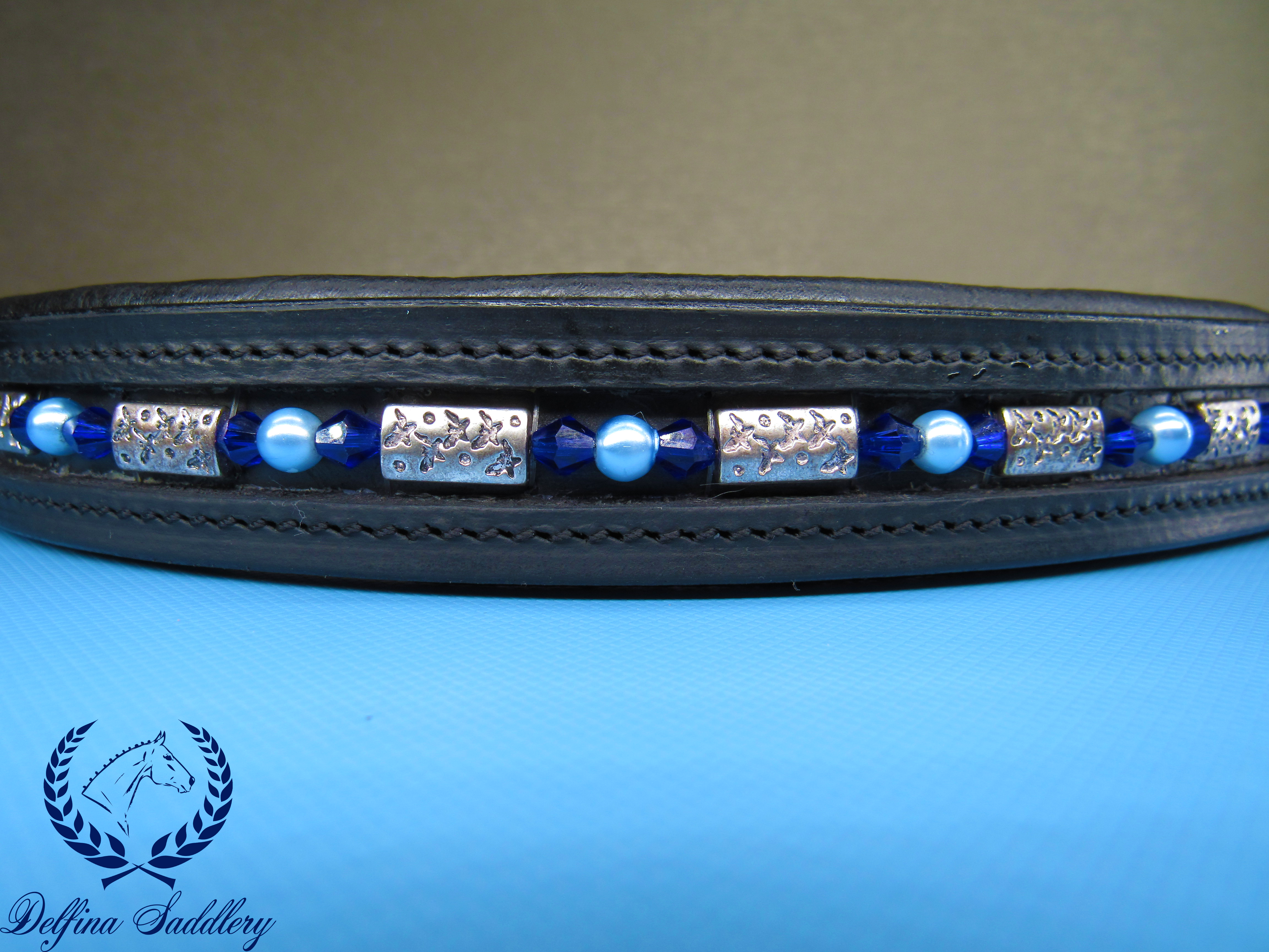 Custom Browband : Blue Steel - Blue Crystals - Silver Swirl Beads