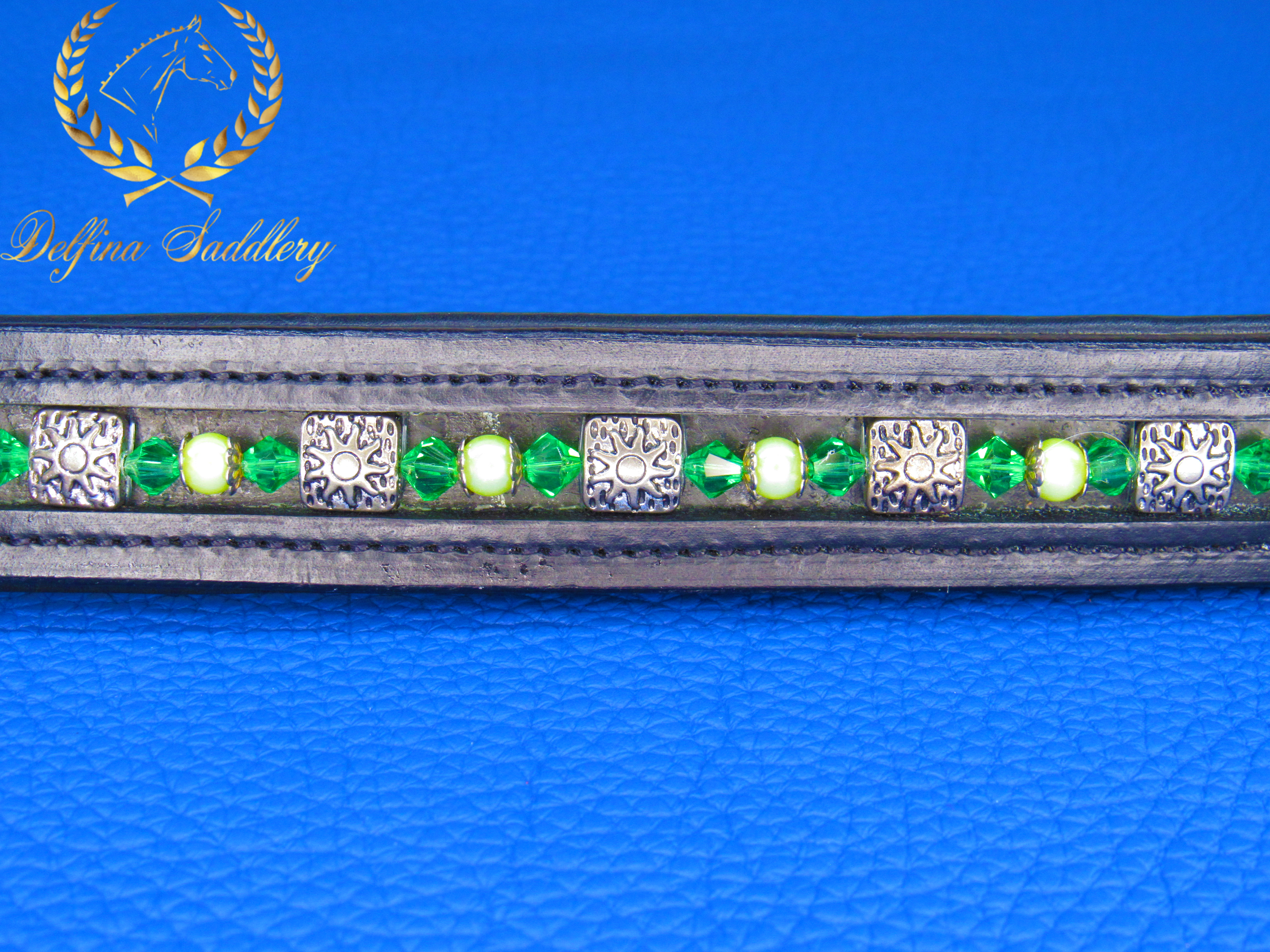 Custom Browband : Silver Suns & Green Crystals - Chartreuse