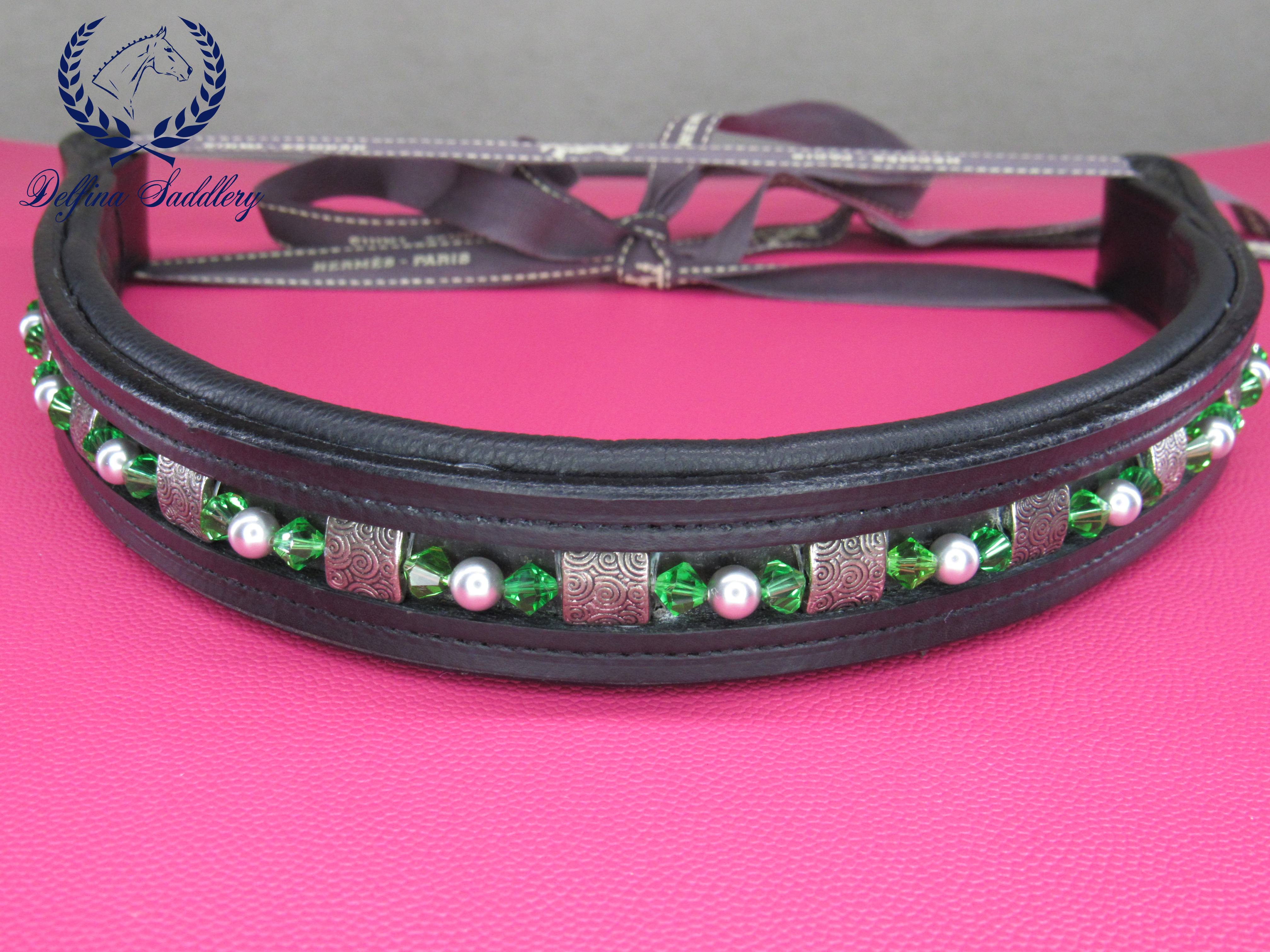 Custom Browband : Green Crystals & Silver Swirls - Chartreuse