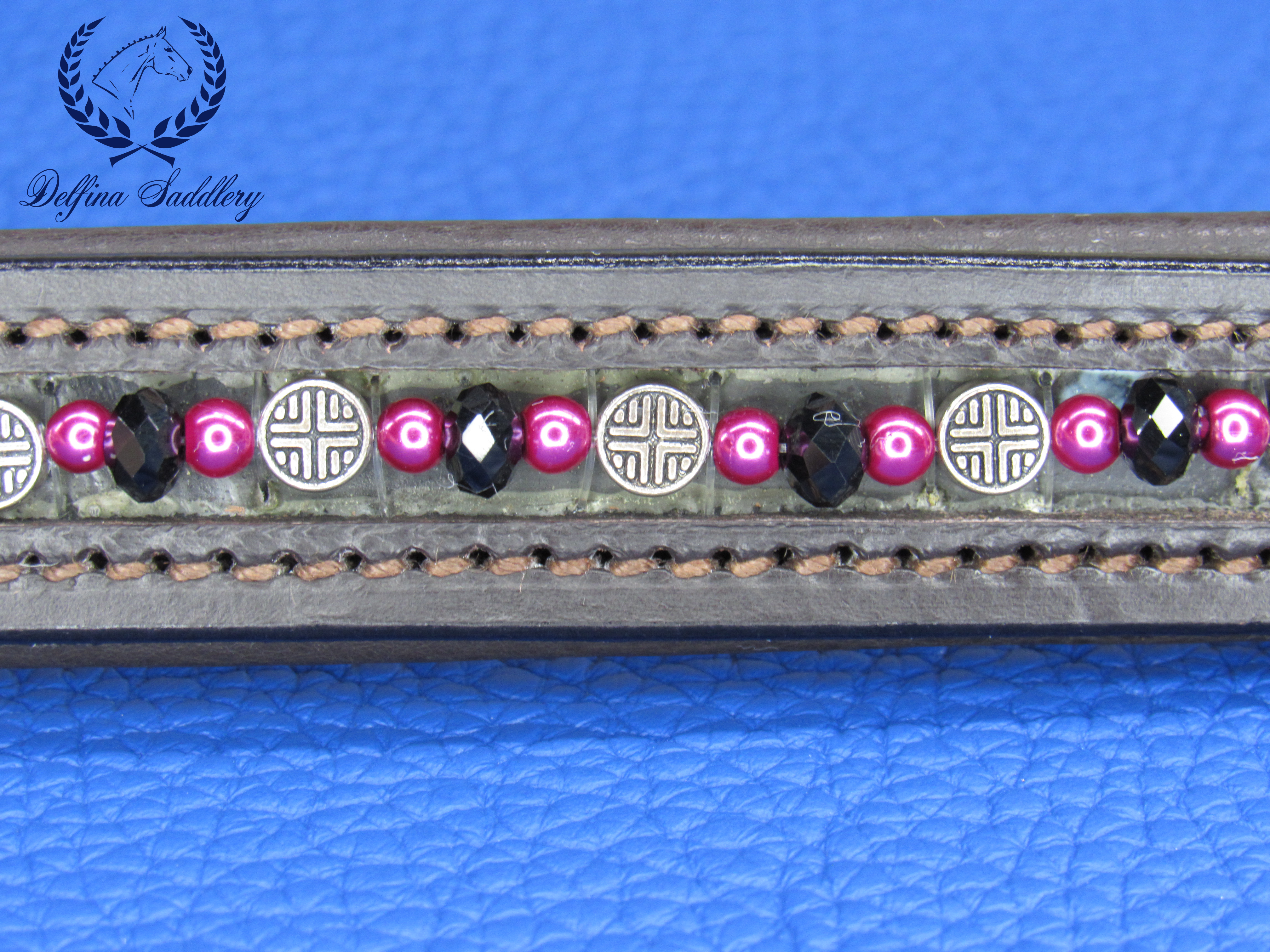Custom Browband : Zen - Purple & Pink Beads - Silver Knots - Brown Leather