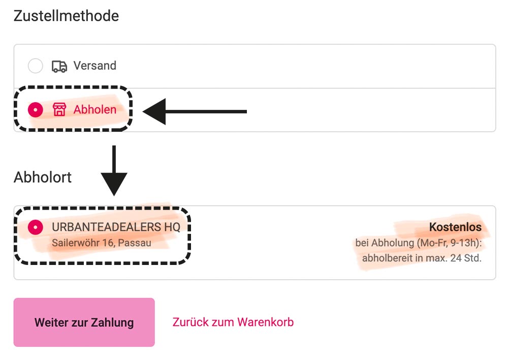 Abholung im Checkout wählen