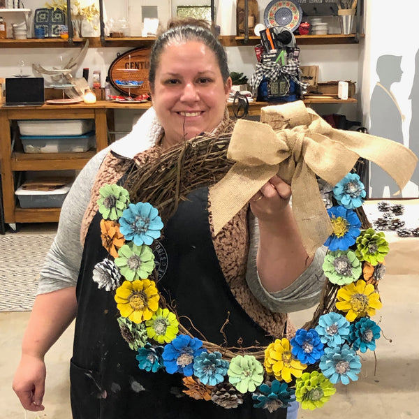 Finished pinecone flower spring wreath Chics With Tools