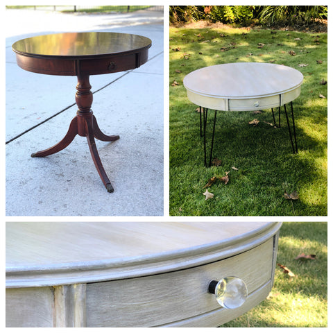 Montage, "before" and "after" of traditional end table to glam coffee table