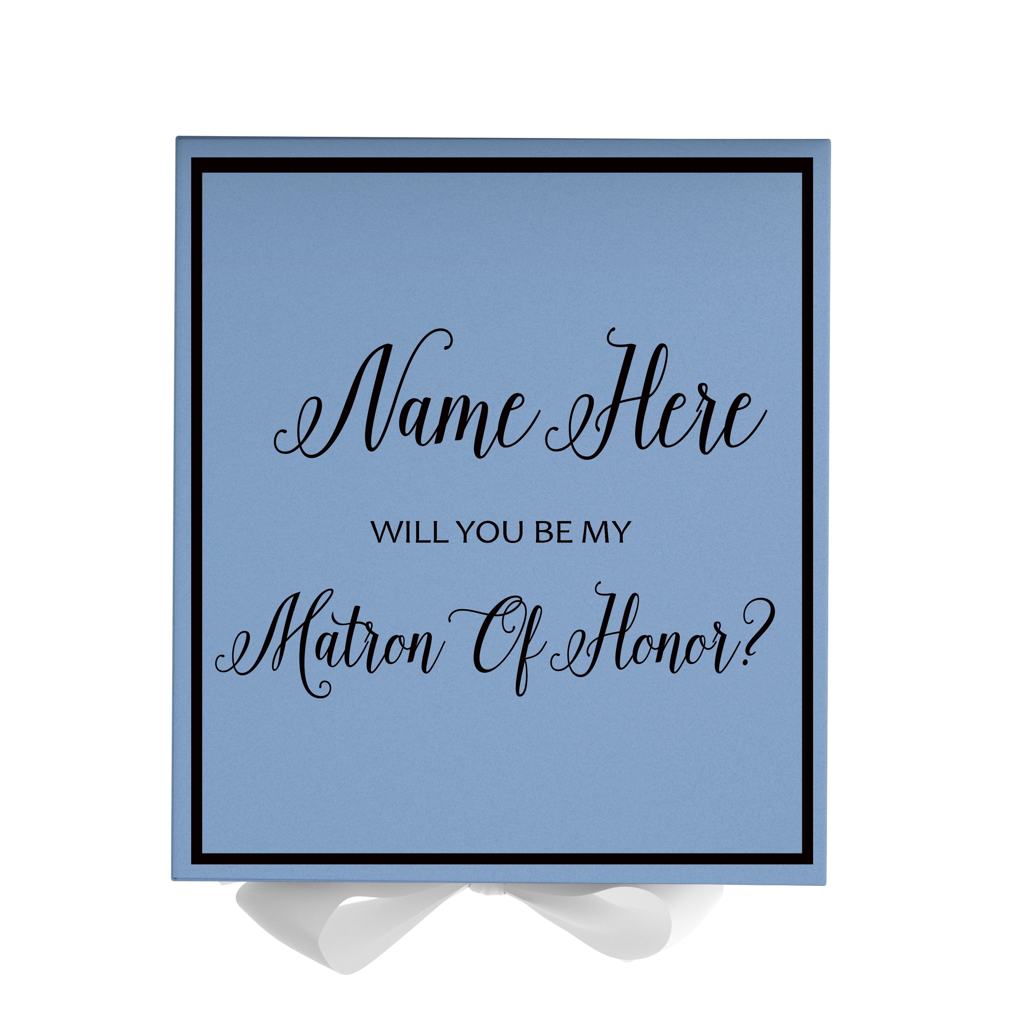 Personalized Will You Be My Matron Of Honor Box? Proposal Box Light Blue w/ Bow white - Border