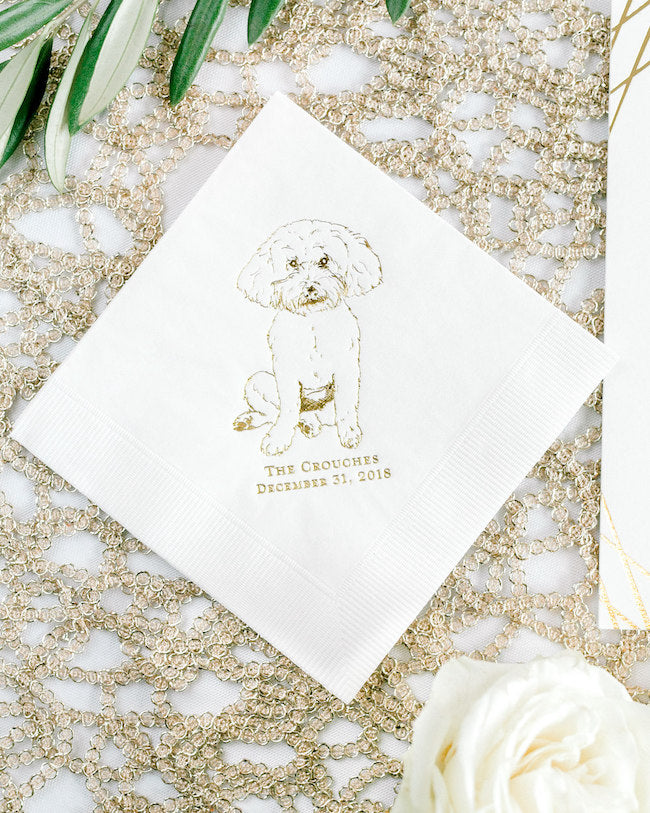 dog portrait hand illustrated on wedding cocktail napkin