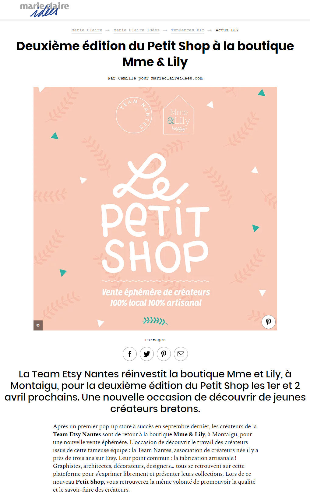 Article presse Marie Claire Idées boutique éphémère Petit shop Nantes Montaigu Hello Petronille
