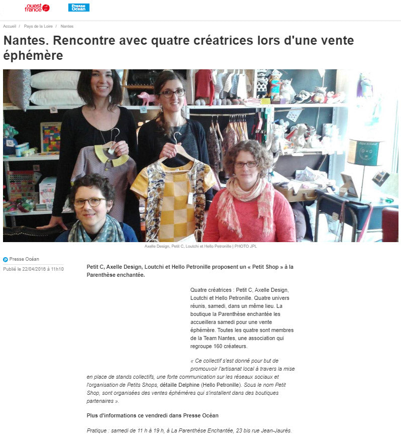 Article presse océan vente éphémère créatrices Nantes Hello Petronille