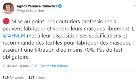 Tweet Pannier Runacher vente masques artisanaux