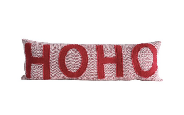 Holiday pillow that says "HOHO" 