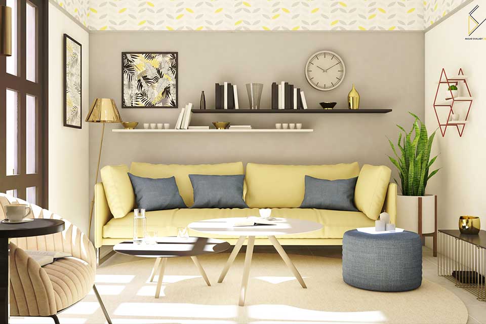 yellow themed living room with furniture