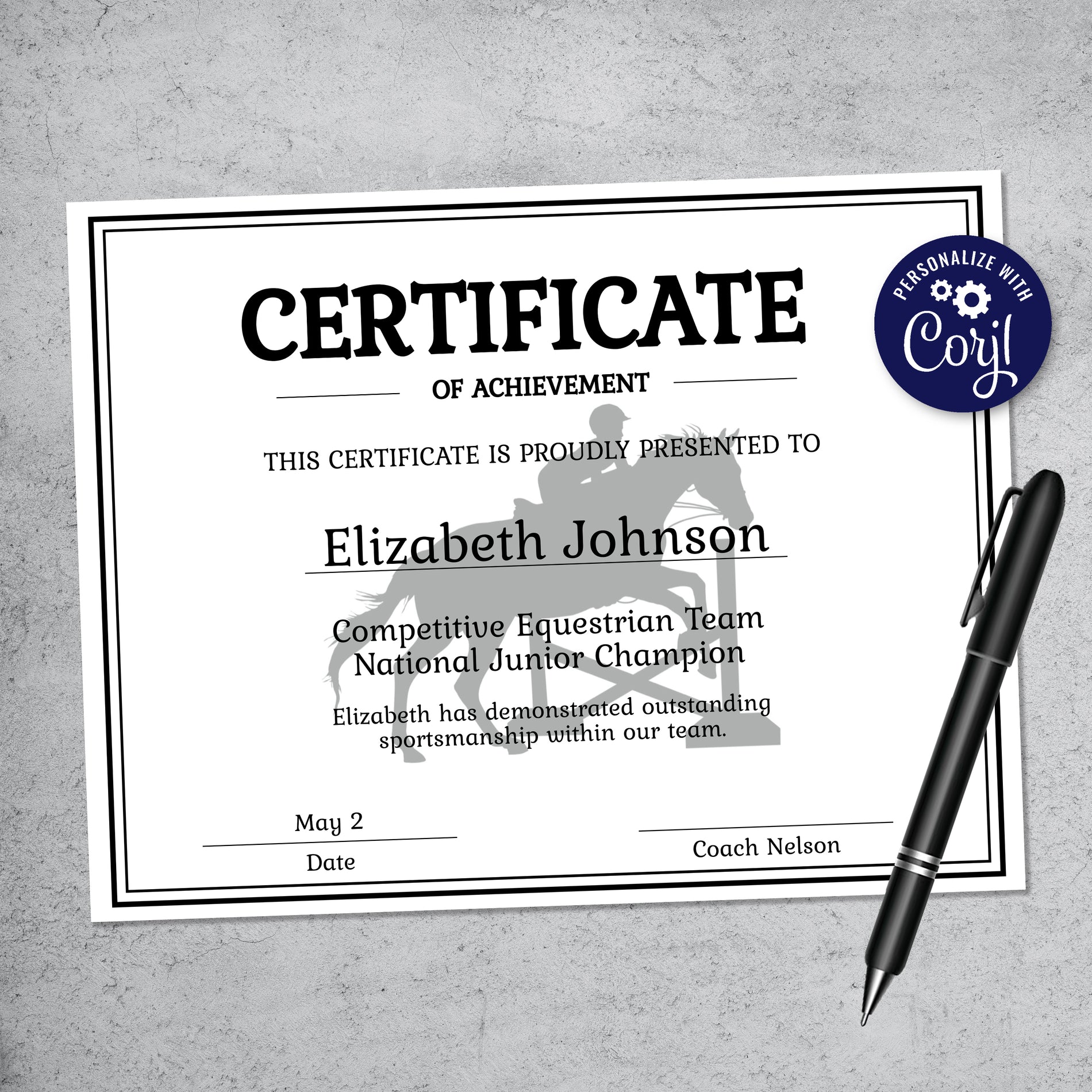 Printable Jumping Horse Certificate Equestrian Award Certificate LillyBellePaperie