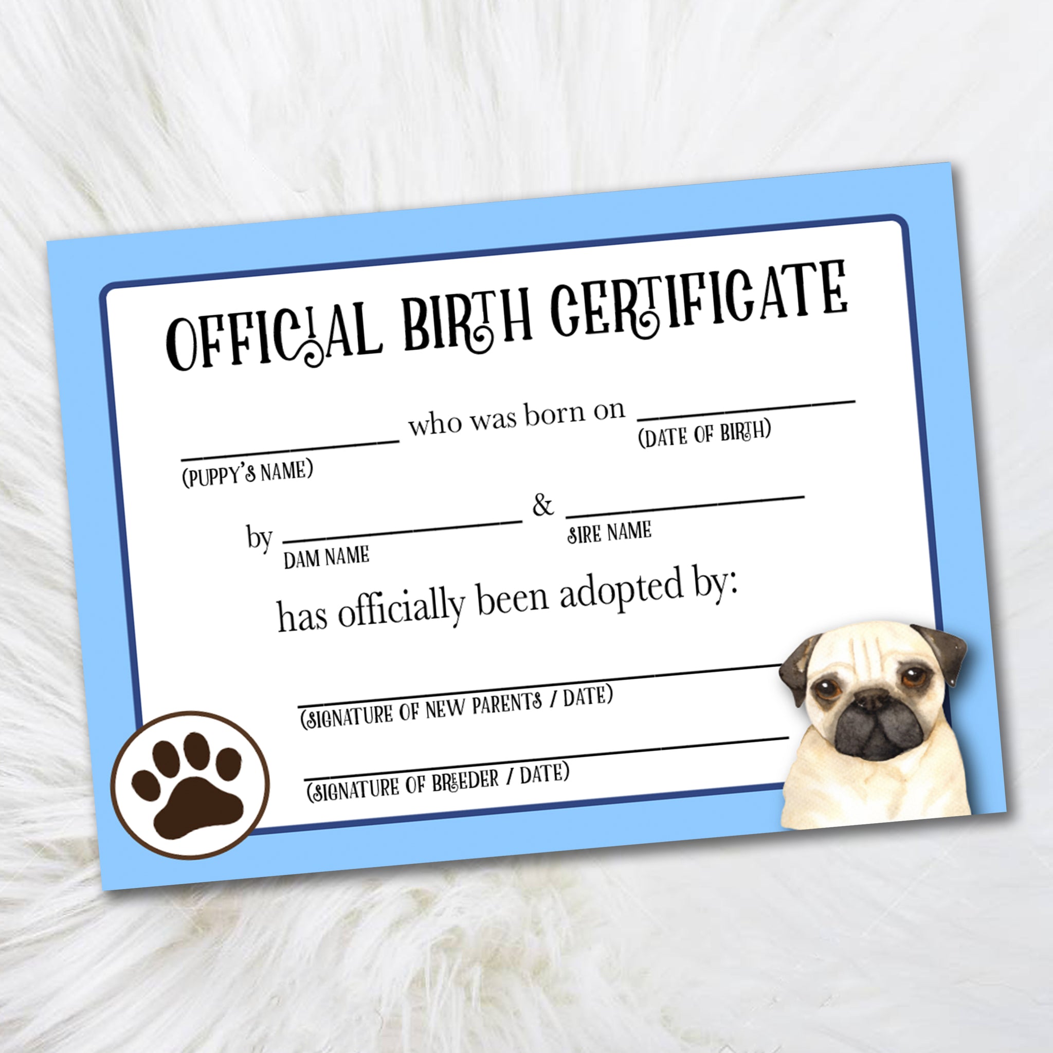 Printable Pug Birth Certificate, Official Pet Adoption Certificate