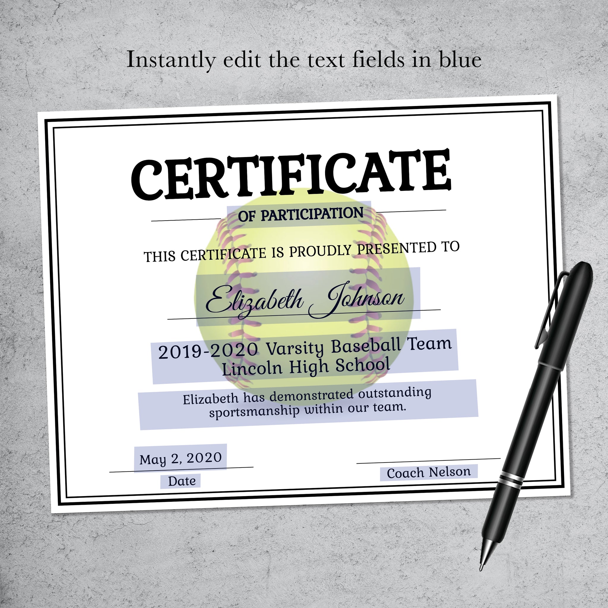 Editable Softball Certificate Template LillyBellePaperie