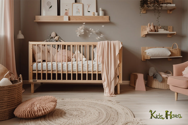 Interior of large room of newborn baby with cradle