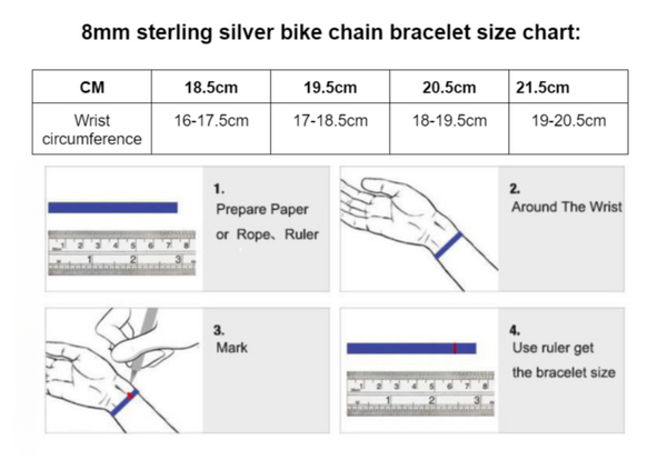 8mm sterling silver bike chain bracelet size chart