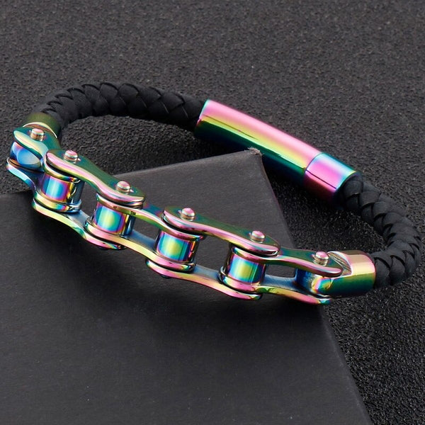 Rainbow Leather Bike Chain Bracelet