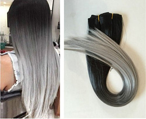 22 Inches Black Grey Syntheic Full Head Ombre Balayage Straight Clip In Hair Extensions Hairpieces Dl