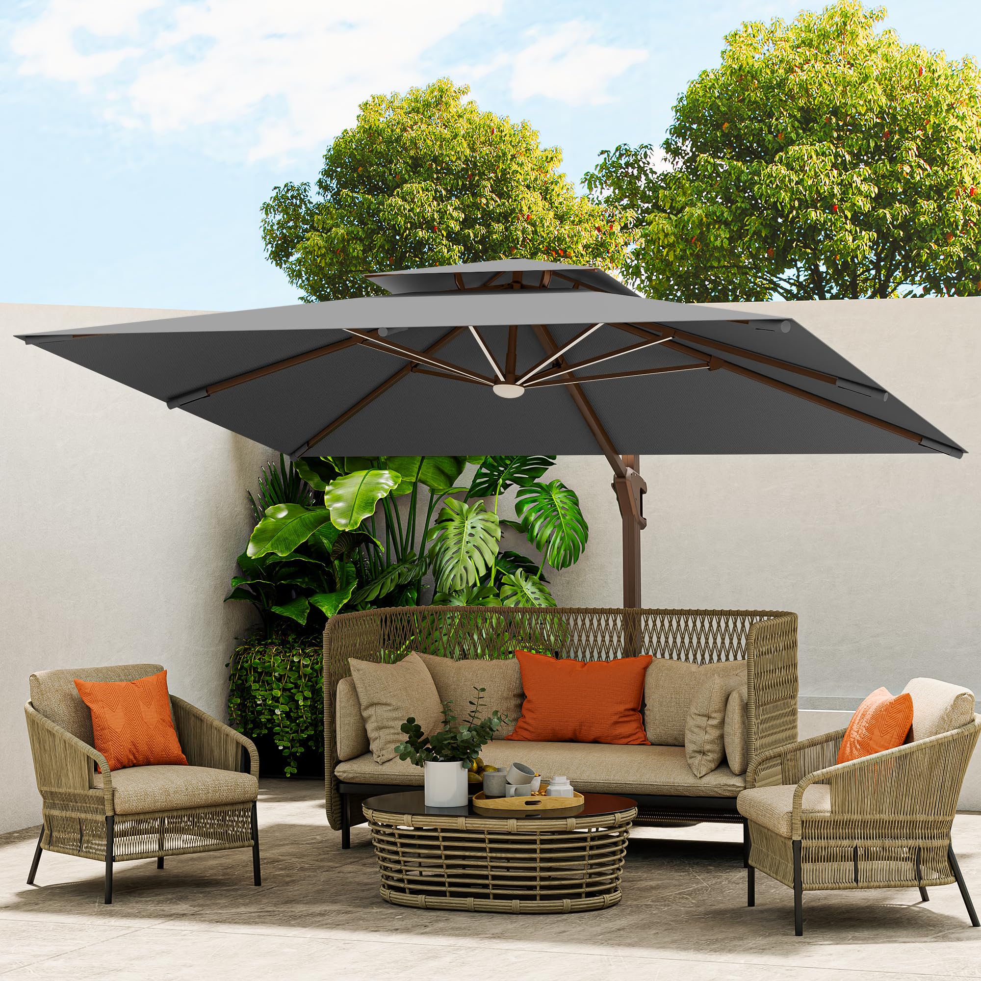 MEVBC 10 X 13 FT Cantilever Outdoor Patio Umbrella with Led Lights Large Heavy Duty 360° Rotation Double Top Offset Rectangular Umbrellas for Backyard Garden Pool Outside Deck, Grey