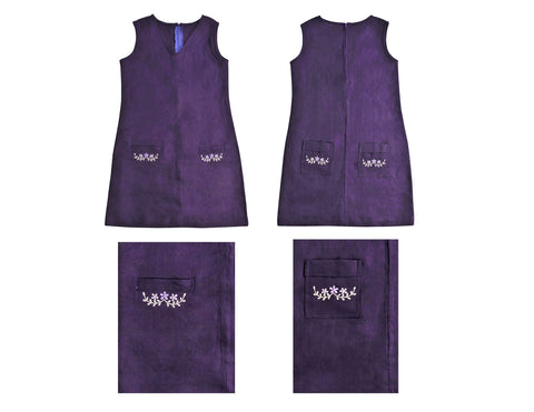 Girls Purple Organic Linen Sleeveless Short Shift Dress with Embroidered Trim