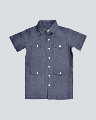 Boys dark blue guayabera short sleeve organic linen shirt with 4 pockets with buttons on the front