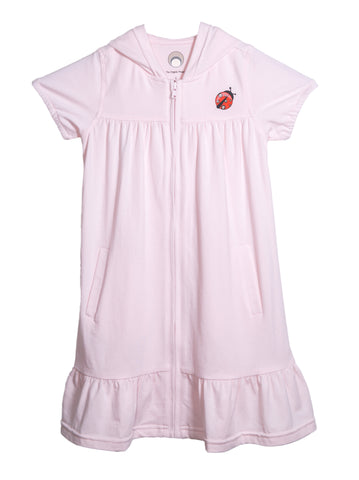 Pink zip front cotton dress with short sleeves a hoody and a little lady bug print on front