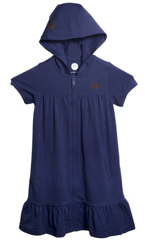 Navy Blue zip front cotton dress with short sleeves a hoody and a little lady bug print on front